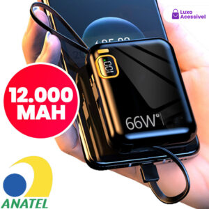 Carregador Portátil 12000mAh com Cabo Duplo Integrado – Carregamento Rápido e Design Compacto