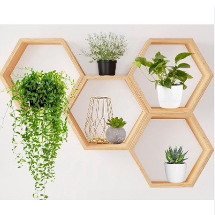Kit 4 Nichos Decorativos Colmeia em Madeira Pinus – Prateleiras de Parede para Sala, Quarto, Cozinha e Escritório