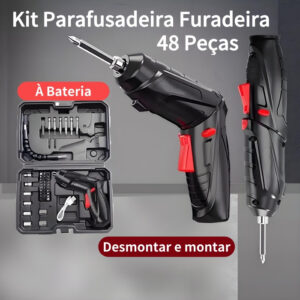Kit Parafusadeira e Furadeira Sem Fio com 48 Peças – Bateria Recarregável, Carregador USB e Maleta