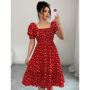 Vestido Midi Floral Feminino Romântico – Manga Curta Princesa, Estilo Camponesa e Plus Size Elegante