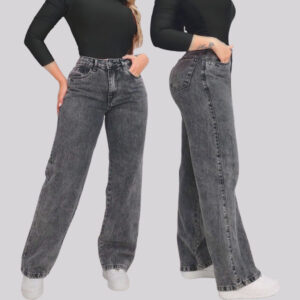 Calça Jeans Feminina Wide Leg Pantalona Cinza Grafite