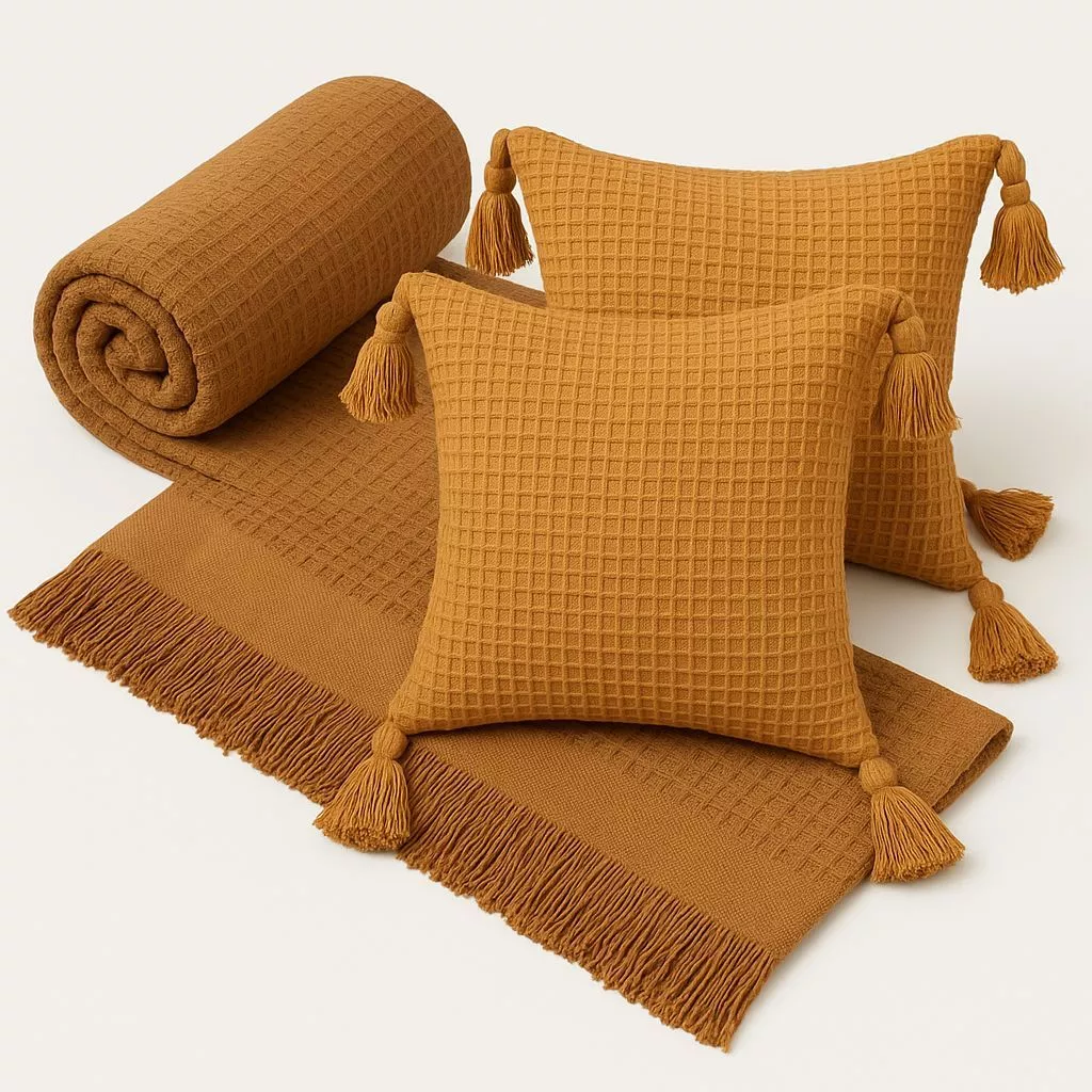 Kit Manta para Sofá + 2 Capas de Almofada 45x45 em Algodão Premium – Decoração e Conforto