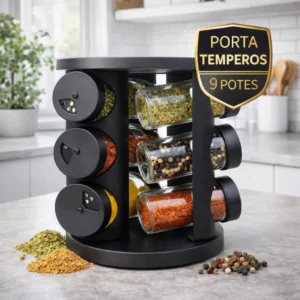 Porta Temperos Giratório com 6 ou 9 Potes de Vidro e Tampa Dosadora – Organizador de Temperos Preto