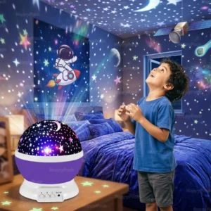 Luminária Projetora Infantil 360° de Estrelas e Lua – Abajur Decorativo Galaxy para Quarto