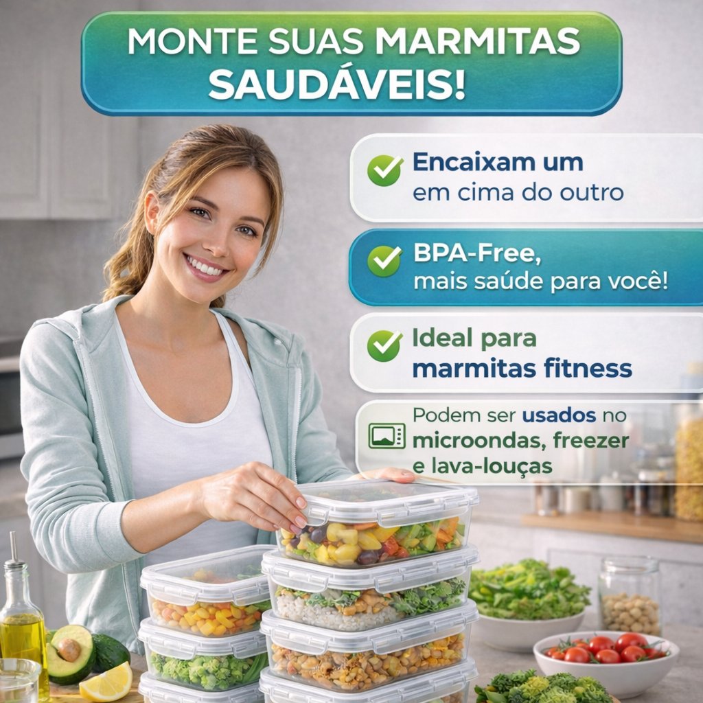 Kit 10 Potes Marmita Fit 400ml Retangular com Tampa e 4 Travas (3)