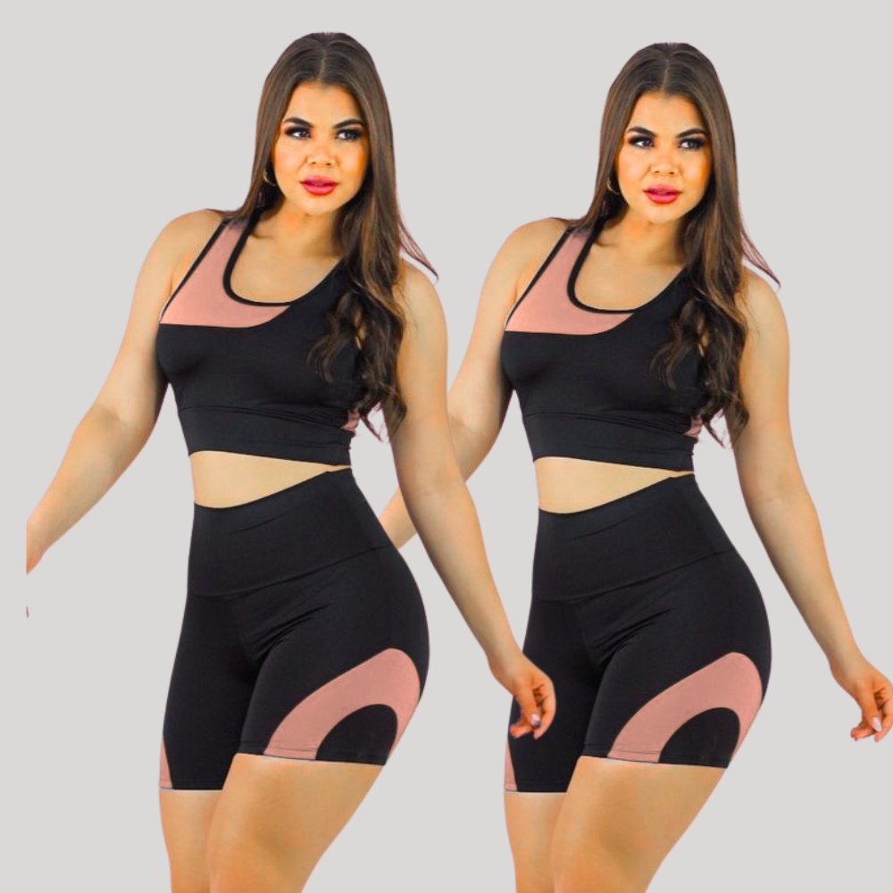Kit 2 conjuntos de academia feminino com top e short cintura alta (2)